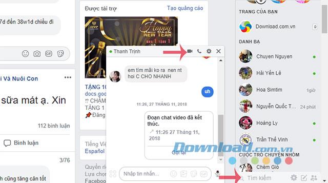 Instructions on how to video call on Facebook