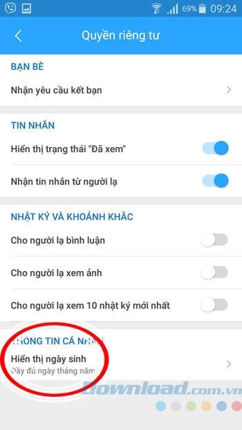 Arahan untuk menyembunyikan tarikh lahir pada Zalo