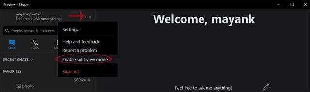 How to use window split mode on Skype