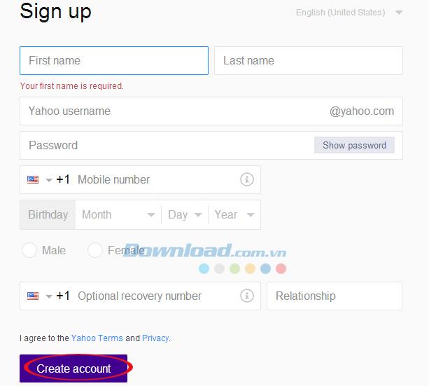 Instructions for creating a new Yahoo account