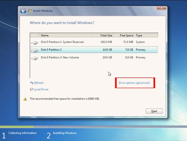 Instructions to format drive C and repartition hard drive when installing Windows