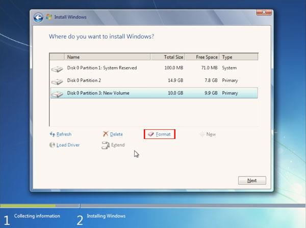 Instructions to format drive C and repartition hard drive when installing Windows