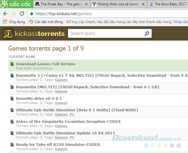 使用Coc Coc下載速度非常快的torrent文件