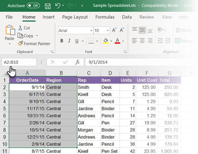 Instructions for using Name Box in Excel