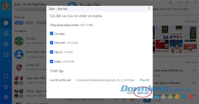 Cómo recuperar mensajes, respaldar mensajes de Zalo en PC