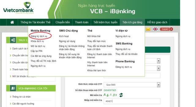 Instruction to register for BankPlus via Vietcombank Internet Banking