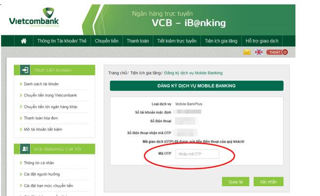 Instruction to register for BankPlus via Vietcombank Internet Banking