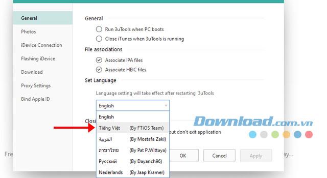 Instructions to change to Vietnamese language on 3uTools