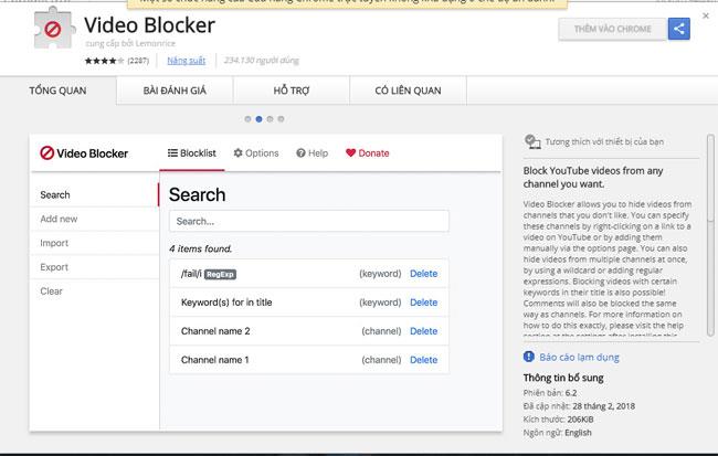 Instructions on how to block channels and videos on Youtube with Video Blocker