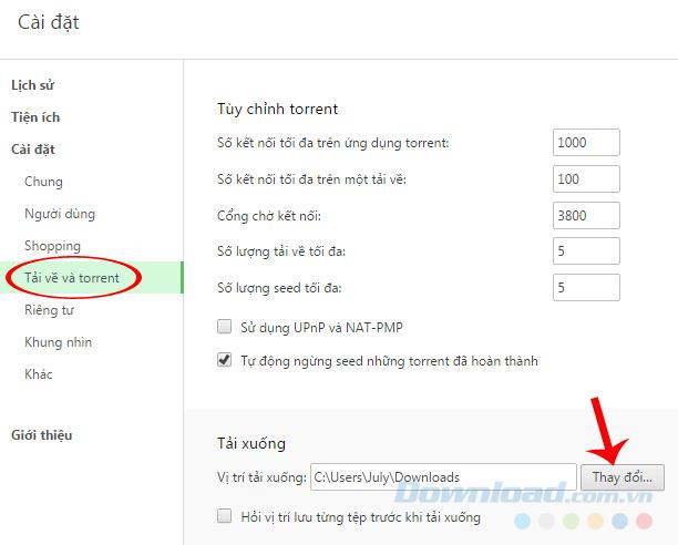 How to set the default download Torrent files with Coc Coc