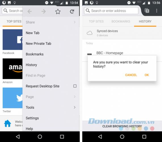 Instructions for clearing browsing history on Android devices