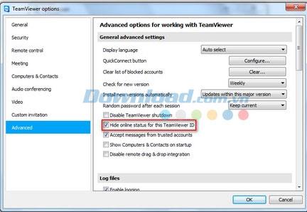 Instructions on how to anonymize and turn off online status on TeamViewer