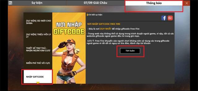 Instruction to enter Giftcode game Garena Free Fire