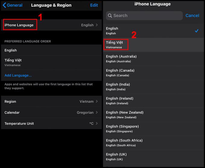 Petunjuk tentang cara mengubah bahasa dari bahasa Inggris ke bahasa Vietnam di iPhone, iPad