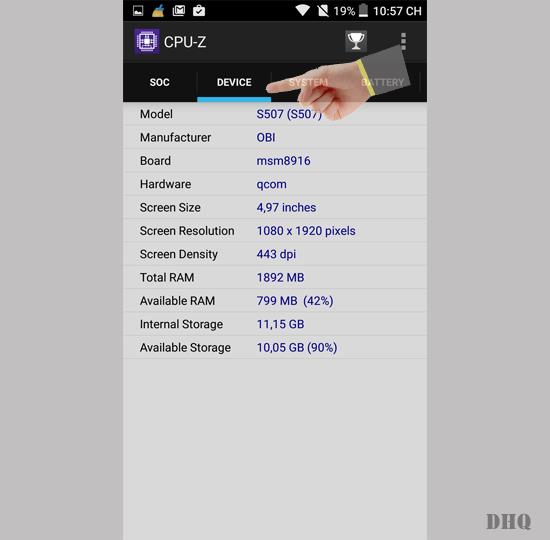 在 Obi Worldphone S507 上使用 CPUZ 檢查設備配置