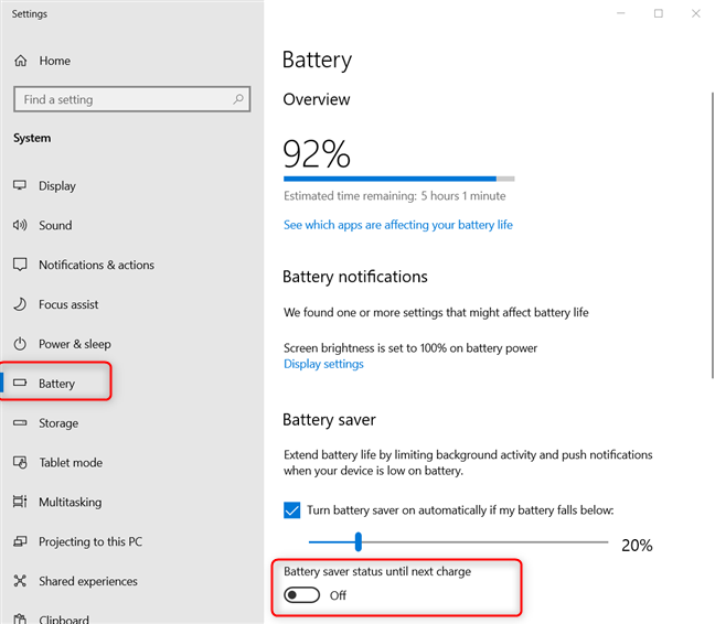 How to turn on and off the battery saver in Windows 10