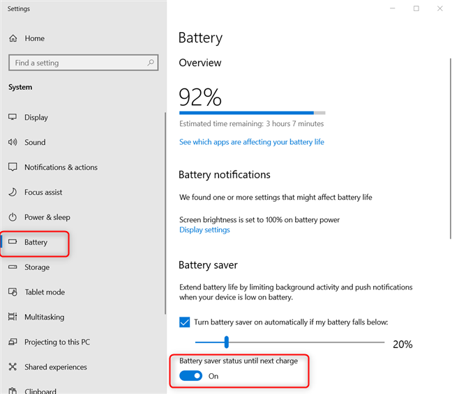 How to turn on and off the battery saver in Windows 10