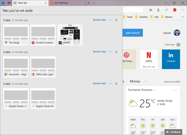 How to set aside tabs in Microsoft Edge, and use them later