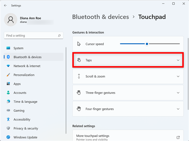 How to change the touchpad settings in Windows 11