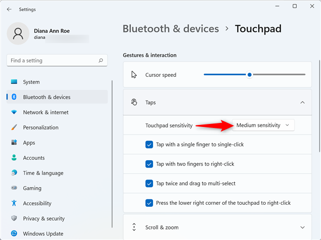 How to change the touchpad settings in Windows 11