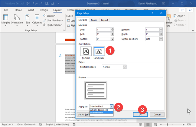 How to change the orientation of one page (or more) in a Word document