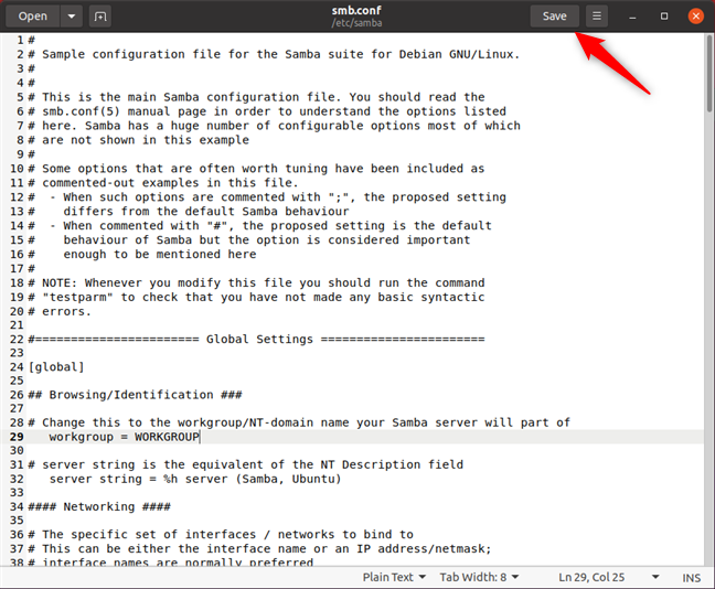 How to enable file sharing (Samba) and set the workgroup in Ubuntu Linux