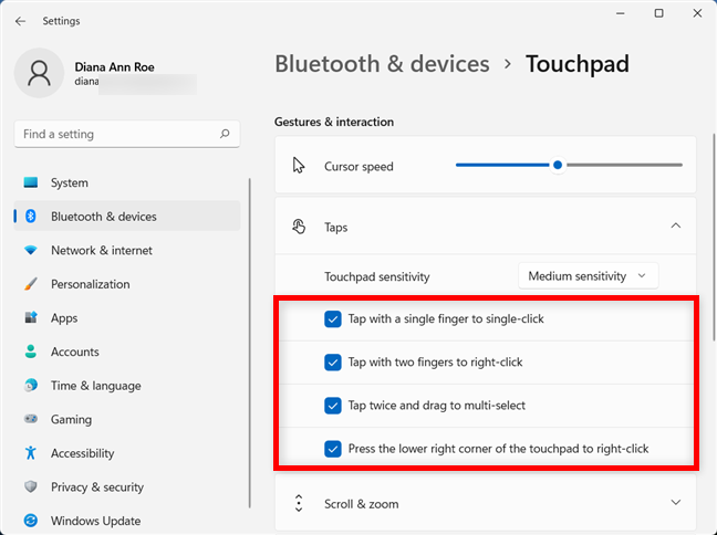 How to change the touchpad settings in Windows 11