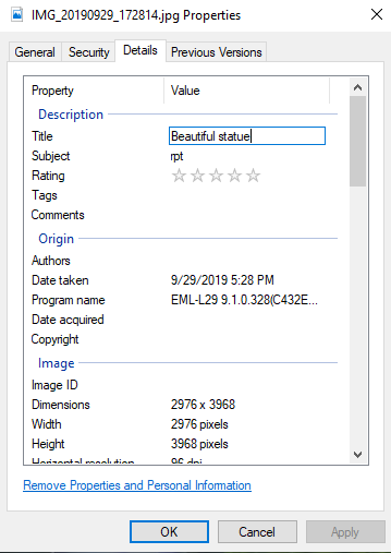 How to add metadata to photos, in Windows 10