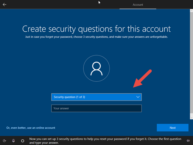 How to set security questions for a local user account, in Windows 10