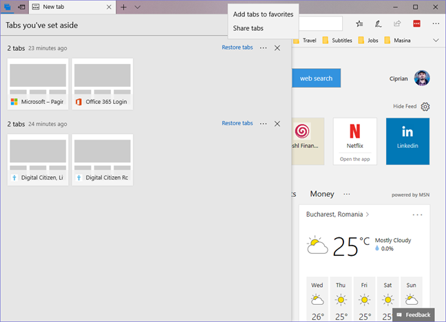 How to set aside tabs in Microsoft Edge, and use them later