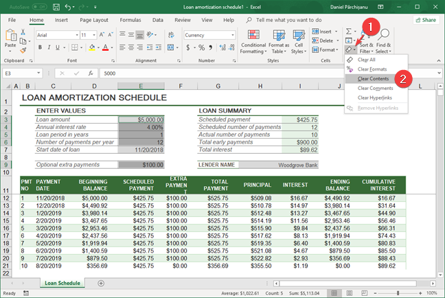 How to delete values from cells but keep your formulas, in Microsoft Excel