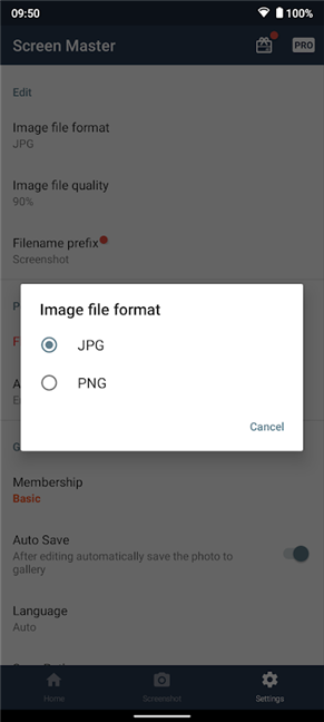 How to change screenshot format on Android - PNG to JPG and back