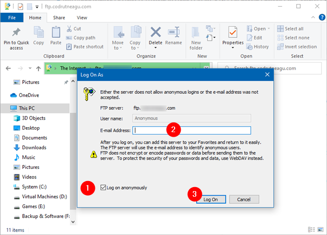 How to connect to an FTP server in Windows 10, from File Explorer