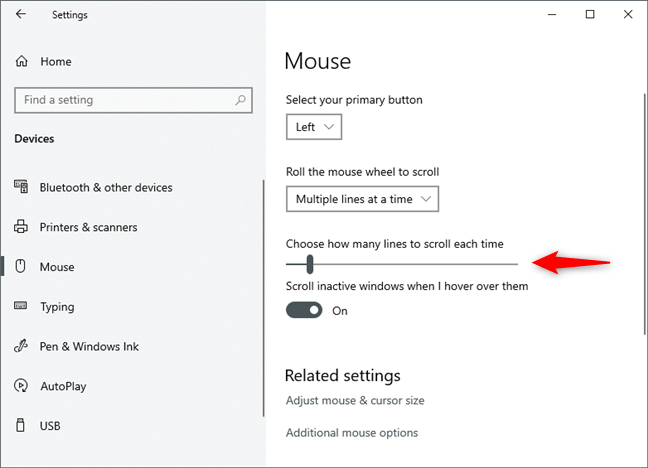 How to configure the mouse settings and sensitivity, in Windows 10