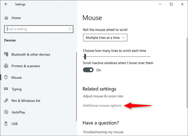 How to configure the mouse settings and sensitivity, in Windows 10