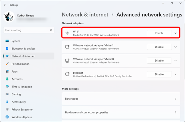 How do I enable or disable the Wi-Fi on Windows 11?