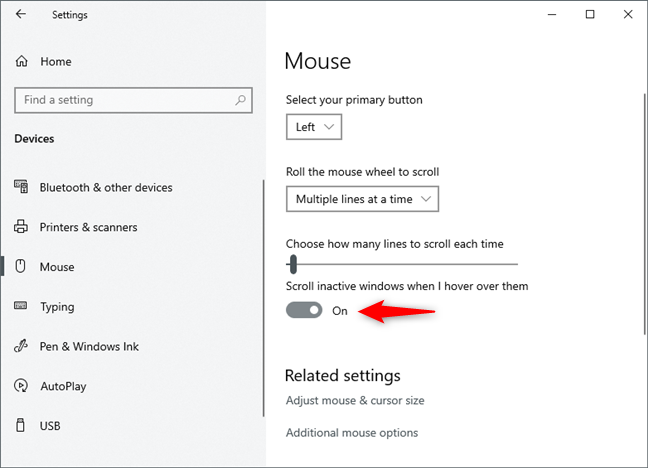 How to configure the mouse settings and sensitivity, in Windows 10