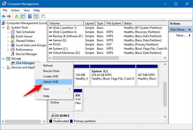 How to open, unmount, or permanently attach a VHD file in Windows 10