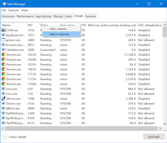 View details about running processes with the Windows 10 Task Manager