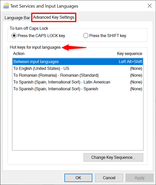 How to change the keyboard language shortcut in Windows 10