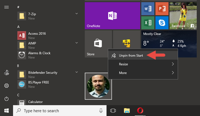 How to pin contacts to the taskbar or to the Start Menu of Windows 10