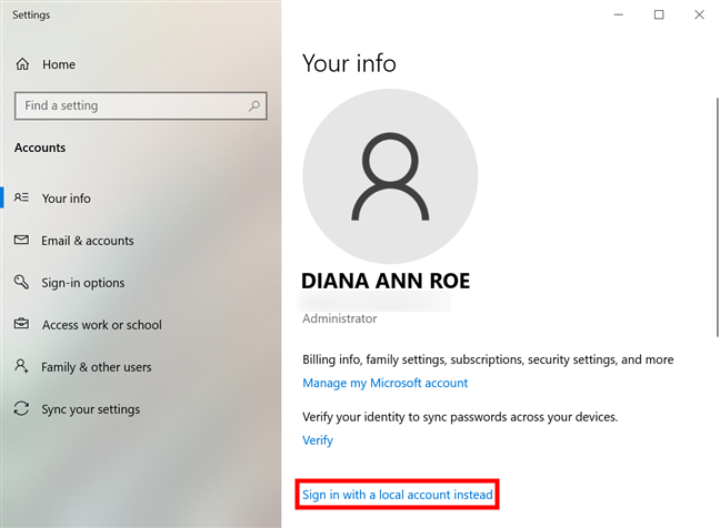 How to switch to a Windows 10 local account from a Microsoft one