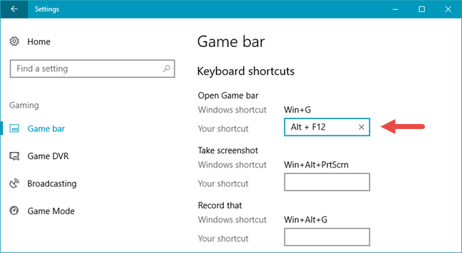 2 ways to change the keyboard shortcuts for the Game Bar in Windows 10