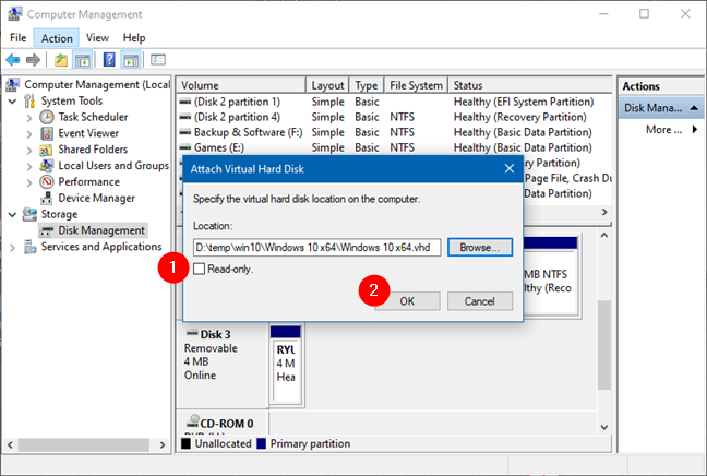 How to open, unmount, or permanently attach a VHD file in Windows 10