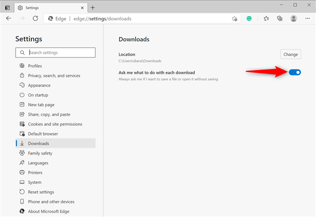 How to change the Microsoft Edge download location