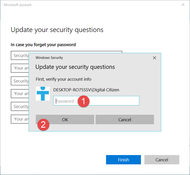 How to set security questions for a local user account, in Windows 10