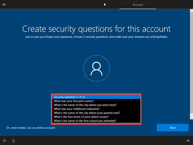 How to set security questions for a local user account, in Windows 10