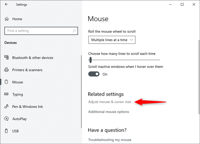 How to configure the mouse settings and sensitivity, in Windows 10