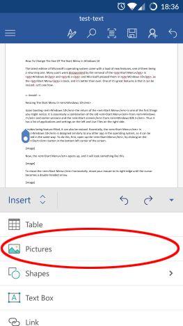 How to add and edit pictures and shapes, in Microsoft Word for Android