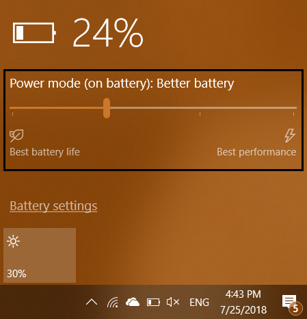 Use the Windows 10 power slider to save battery or increase performance